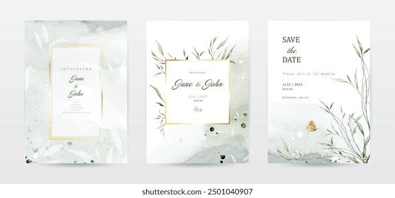 Set of wedding invitation template cards designed with watercolor leaves and butterfly. Collection watercolor botanical vector suitable for Wedding Invitation, save the date, or greeting card.