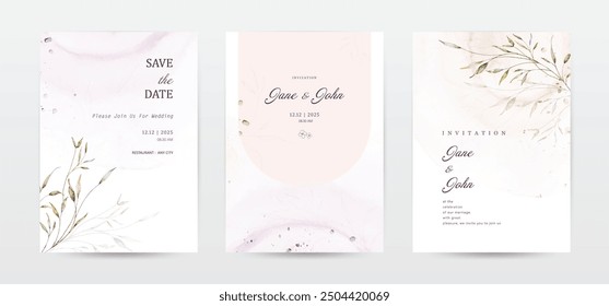 Set of wedding invitation template cards designed with watercolor leaves. Collection watercolor botanical vector suitable for Wedding Invitation, save the date, thank you, or greeting card.