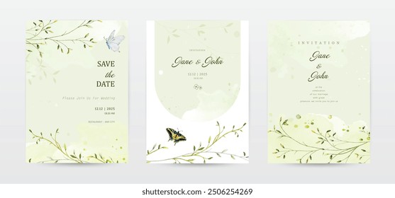 Set of wedding invitation template cards designed with watercolor leaves and butterflies. Collection watercolor botanical vector suitable for Wedding invitation, save the date, or greeting card.