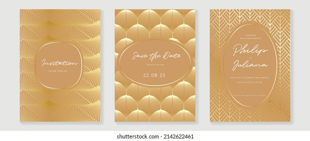 Set of wedding invitation template. Elegant art deco style design with abstract line and geometric pattern. Luxury gold card set perfect for banner, celebration, decoration, flyer, brochure.