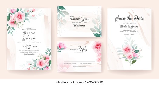 Set of wedding invitation template with floral arrangements, border, and watercolor background. Flowers composition vector for save the date, greeting, thank you, rsvp, etc