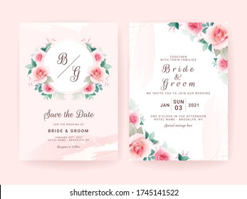 Set of wedding invitation template with floral frame badge & border, brush stroke, and gold line. Flowers composition vector for save the date, greeting, thank you, rsvp, etc