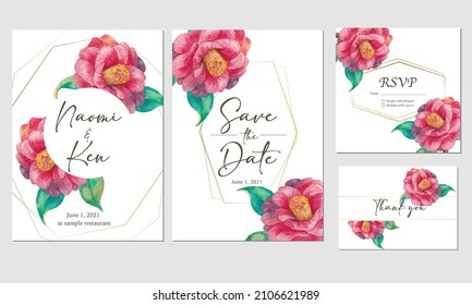 Set of wedding invitation template with hand painted watercolor camellia flowers, for invitation card, save the date, thank you, rsvp
