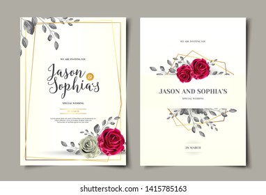 Set Of Wedding Invitation Template Layout With Realistic Red Rose Flower And Floral Watercolor Design