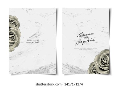 Set of wedding invitation template layout with drawn style rose flower and marble texture background