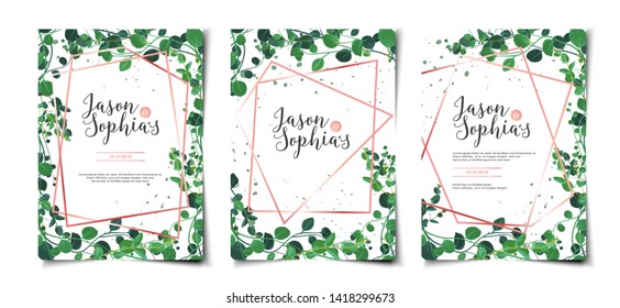 Set of wedding invitation template layout with greenery foliage border and frame