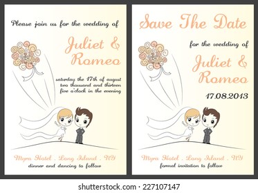 Set of wedding invitation template, pink bouquet toss, invitation and save the date card