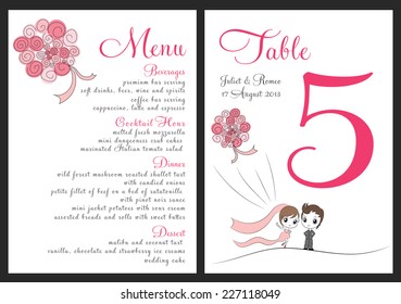 Set Of Wedding Invitation Template, Pink Bouquet Toss, Menu And Table Number Card