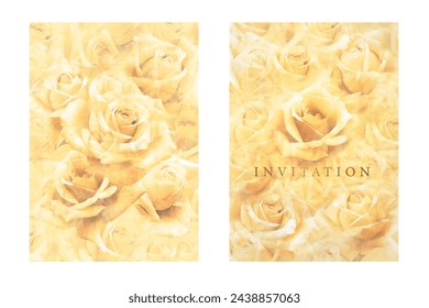 Set of wedding invitation template with roses. Premium gold flower background for cover design, flyer, wedding card, catalog, brochure, menu, poster, congratulation. Luxury stylized yellow roses.