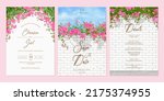 Set of wedding invitation template with watercolor pink bougainvillea flower brick wall landscape