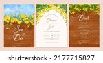 set of wedding invitation template with watercolor yellow bougainvillea flower brick wall landscape