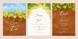 Set Of Wedding Invitation Template With Watercolor Yellow Bougainvillea Flower Brick Wall Landscape