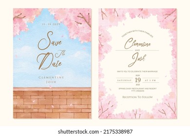 Set of wedding invitation template with watercolor pink cherry blossom brick wall landscape