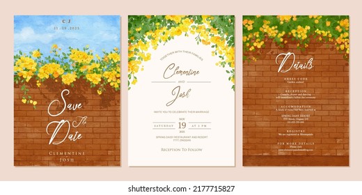 set of wedding invitation template with watercolor yellow bougainvillea flower brick wall landscape svg
