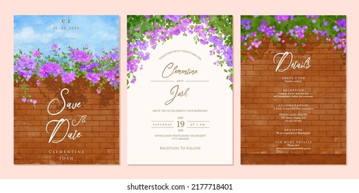 Set of wedding invitation template with watercolor bougainvillea flower brick wall landscape