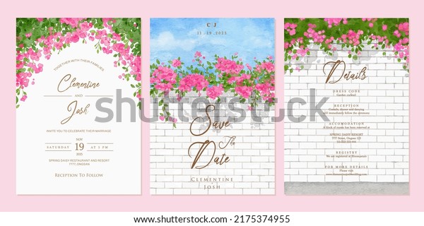 Set of wedding invitation\
template with watercolor pink bougainvillea flower brick wall\
landscape