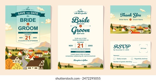 Conjunto de Plantilla de invitación de boda con naturaleza salvaje antiguo pueblo ilustración paisajística