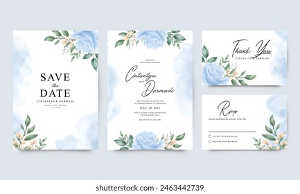 Set of wedding invitation templates set with blue roses and watercolor floral