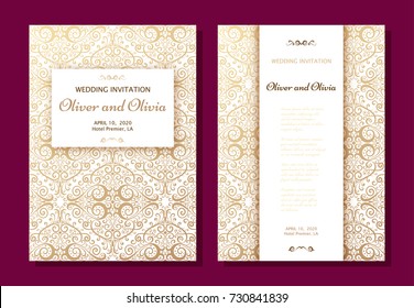 Set of wedding invitation templates. Cover design with gold Damask ornaments. Vector illustration