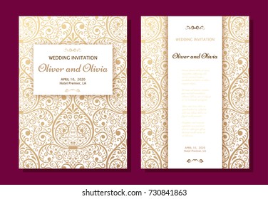 Set of wedding invitation templates. Cover design with gold Damask ornaments. Vector illustration