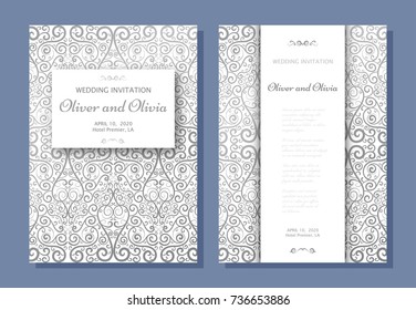 Set of wedding invitation templates. Cover design with silver Damask ornaments. Vector illustration