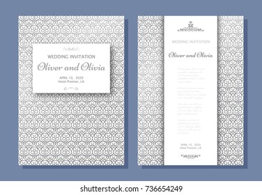 Set of wedding invitation templates. Cover design with silver swirl ornaments. Vector illustration