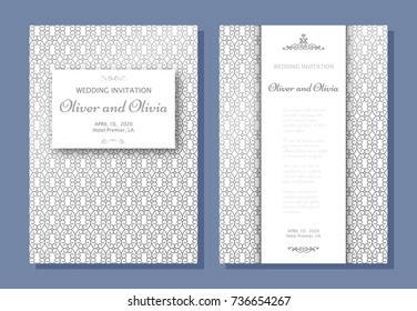 Set of wedding invitation templates. Cover design with silver swirl ornaments. Vector illustration