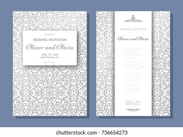 Conjunto de plantillas de invitación de boda. Diseño de tapa con adornos giratorios plateados. Ilustración del vector