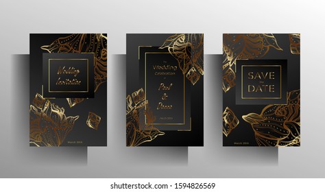 Set of wedding invitation templates. Design with hand-drawn gold floral elements on a black background. Vector 10 EPS.