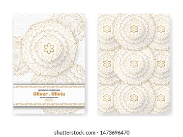 Set of wedding invitation templates with floral paisley and mandala. Flower and leaves patterns. Golden ornaments. Vector illustration.