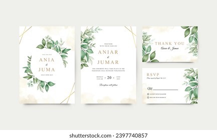 Set of wedding invitation templates with green leaves