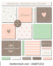 A set of wedding invitation templates, seamless patterns, ribbons, cards and stickers isolated on white. Pastel pink, mint green, brown and white color palette. Wedding inspiration board designs.