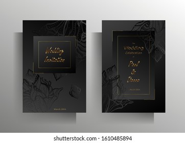 Set of wedding invitation templates. Simple, elegant design in black with hand-drawn floral elements and gold frames. Vector 10 EPS.