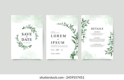 Set of wedding invitation templates with watercolor greenery