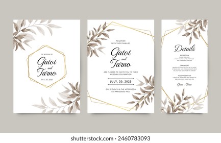 Set von Hochzeitseinladungs-Vorlagen mit Aquarell-Laub und goldenen geometrischen Rahmen