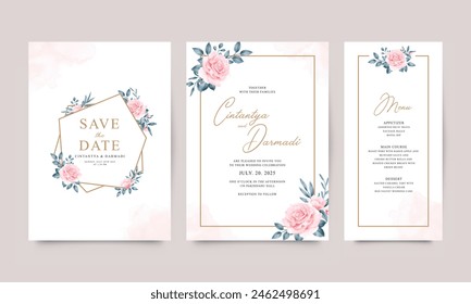 Conjunto de Plantillas de invitación de boda con rosas de acuarela y decoración de hojas