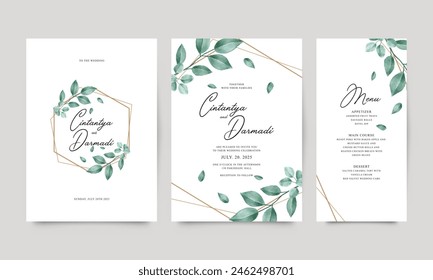 Set of wedding invitation templates with watercolor foliage and geometric frames