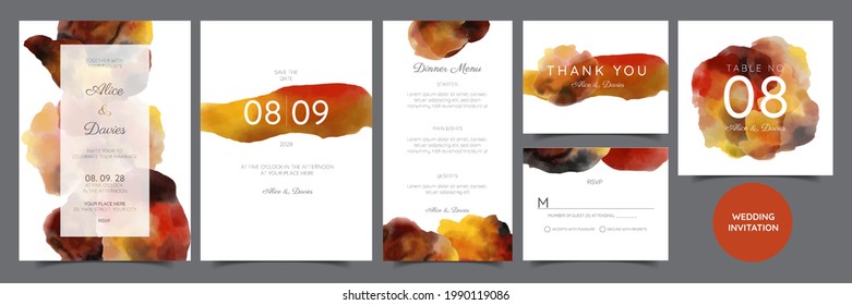 Set of Wedding Einladung, danke, rsvp rustic Karte Design mit goldener Folie Dekoration. Moderne Vektorgrafik-Vorlage, trendige Abdeckung, grafisches Poster, Retro-Broschüre, Design-Vorlage