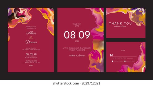 Set of Wedding Invitation, thank you, rsvp rustic card design with gold foil decoration. Vector elegant modern template, trendy cover, graphic poster, retro brochure, design template