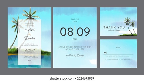 Set of Wedding Invitation, thank you, rsvp rustic card design with gold foil decoration. Vector elegant modern template, trendy cover, graphic poster, retro brochure, design template