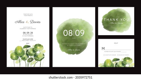Set of Wedding Invitation, thank you, rsvp rustic card design with gold foil decoration. Vector elegant modern template, trendy cover, graphic poster, retro brochure, design template