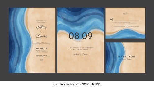 Set of Wedding Invitation, thank you, rsvp rustic card design with gold foil decoration. Vector elegant modern template, trendy cover, graphic poster, retro brochure, design template