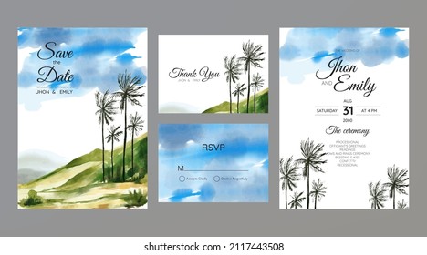 Set of Wedding Invitation, thank you, rsvp rustic card design with gold foil decoration. Vector elegant modern template, trendy cover, graphic poster, retro brochure, design template	
