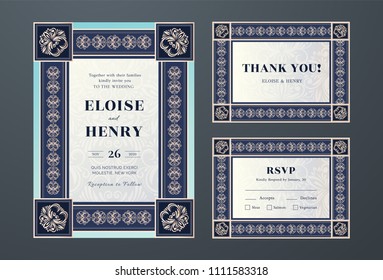 Set of Wedding Invitation, Thanks and RSVP Cards Templates. Luxury design with antique frames. Gorgeous illustration in baroque style. Decorative backdrop, useful layout for marriage ceremony.