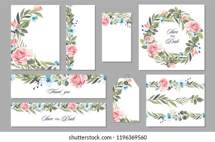 Set Wedding invitation vintage card with flowers and leaves. Vector illustration