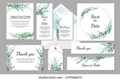 Set Wedding Invitation Vintage Card With Leaves And Geometric Frames. Vector Illustration