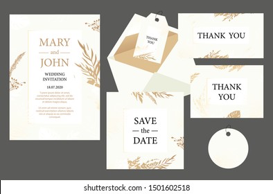 Set Wedding invitation vintage  card with gold leaves. Vector illustration