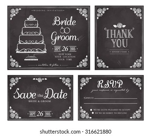 Set of wedding invitation vintage cards. Save the date. Thank you. 
Vector response card. Freehand drawing on the chalkboard