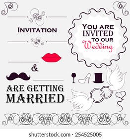 Set of wedding invitation vintage design elements