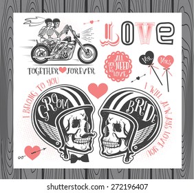 Set of wedding invitation vintage design elements.Vector Illustration with Skulls of Bride and Groom.